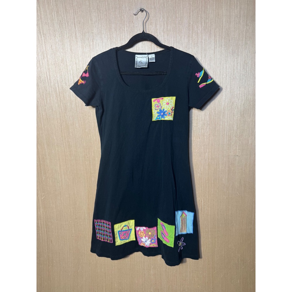 Michael Simon Lite Womens Black Cotton Beach Theme Embroidered T-Shirt Dress S